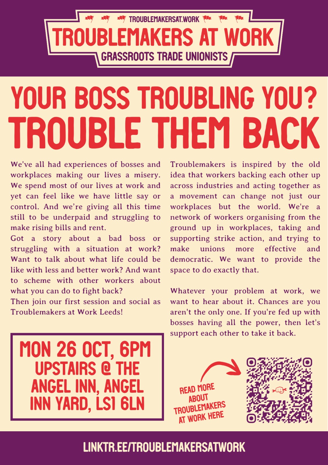 Leeds event 26 October, 6pm, upstairs @ the Angel Inn, Angel Inn Yard, LS1 6LN